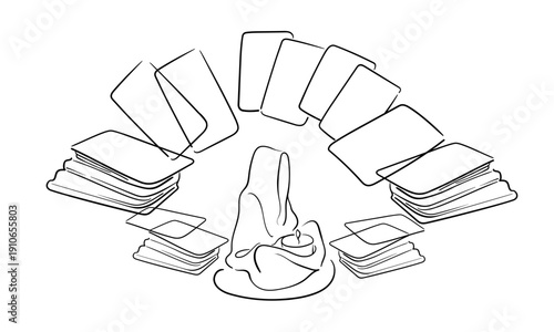 Tarot deck of cards with candle, continious line drawing. Magic, esotericism, witch, occultism line art. Vector illustration