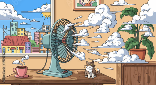 A fan blowing clouds and a cat on a table.