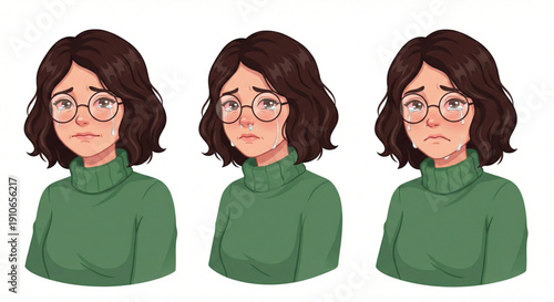 young woman with short wavy dark hair and round glasses wearing a cozy green turtleneck sweater, crying, tears rolling down cheeks, sniffling, emotional and heartbroken expression