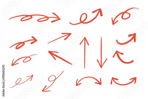 シンプルな手書きの矢印セット 筆　赤　ベクター