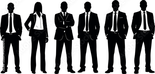 Collection of professional business people silhouettes in formal suits, cad drawing flat vector illustration for architectural renderings and corporate presentations.