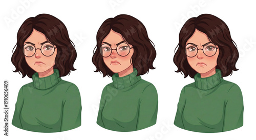young woman with short wavy dark hair and round glasses wearing a cozy green turtleneck sweater, angry and frustrated expression, furrowed eyebrows, pouting face, annoyed