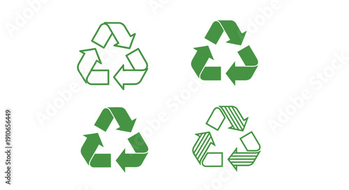 Four variations of the universal recycling symbol in green tones