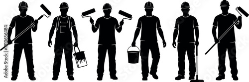 Collection of professional house painter silhouettes with rollers and buckets, cad drawing flat vector illustration for construction and home renovation.