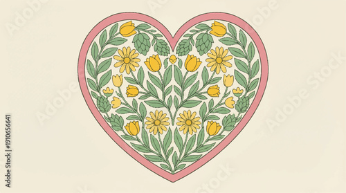 heart shape with yellow flowers and green leaves on pink background