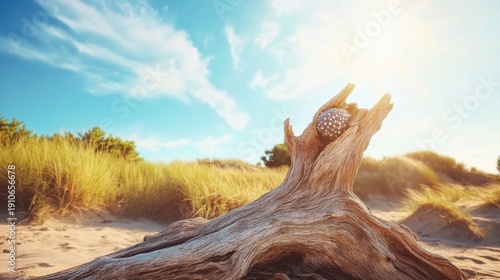 A gnarled, weathered driftwood with a unique decorative object resting on a sandy beach under a bright, sunny sky.
