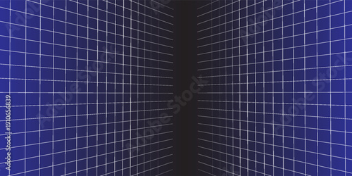 Blue glowing neon wireframe background. Shining vertical grid planes in perspective. Retro futuristic depth wallpaper. Arcade game sci fi diagonal matrix surface backdrop for poster, banner. Vector