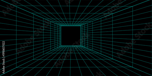 Futuristic digital tunnel with neon blue lines and dots on creating a virtual reality or data visualization effect