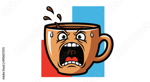 Angry Coffee Cup Character with Spilling Hot Beverage.