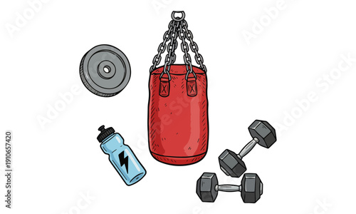 Fitness Equipment Doodle: Punching Bag, Dumbbells, Weight Plate