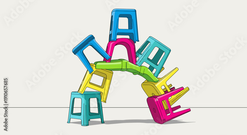Colorful Plastic Stools Stacked Precariously in Abstract Formation.