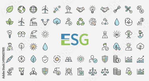 ESG and Sustainability Colored Outline Icons Set with Environmental Protection, Social Responsibility, and Corporate Governance Symbols on a light gray background.