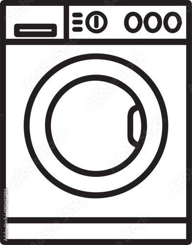 A minimalist illustration of a washing machine, rendered in a simple, bold black line style.
