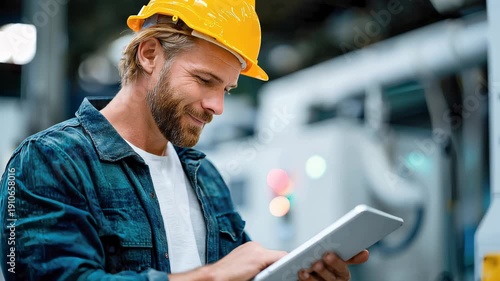 Industrial engineer in hard hat using tablet for inspection in modern factory with blurred machinery and lights