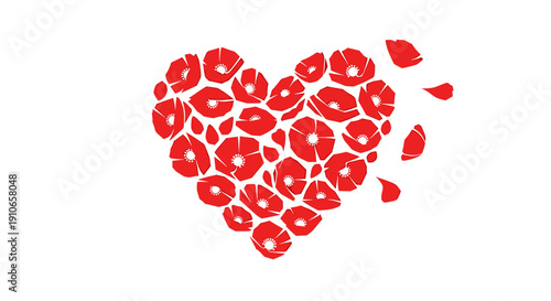 Heart made up of red poppies on a white background.