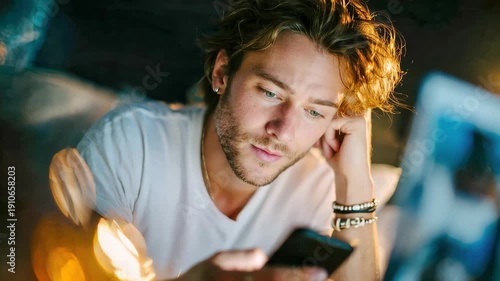 Young man lying in bed at night scrolling job listings on smartphone, stressed about career and unemployment, warm cinematic bokeh lights