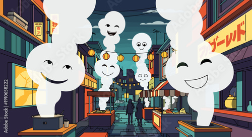 Cute steaming food characters with happy faces in a market.