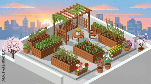 rooftop garden with plants and city skyline view at sunset