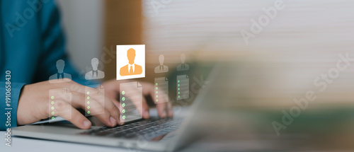 Εκτύπωση καμβά Business professional reviewing job candidates on laptop with digital resume screening interface, recruitment process, talent selection, human resources management and hiring strategy concept