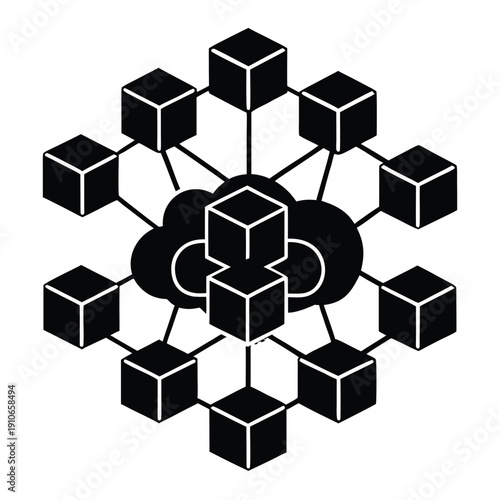 Digital brain made of connected blockchain cubes, futuristic blue gradient background