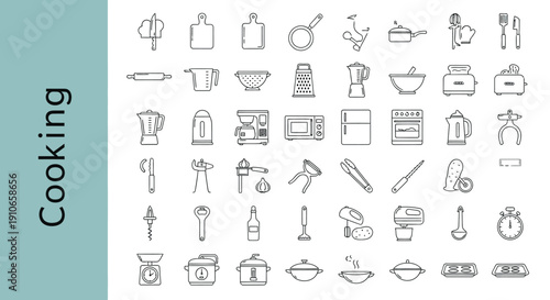 Cooking and Kitchen Appliance Line Icons Set, Food Preparation and Culinary Tools, Isolated White Background