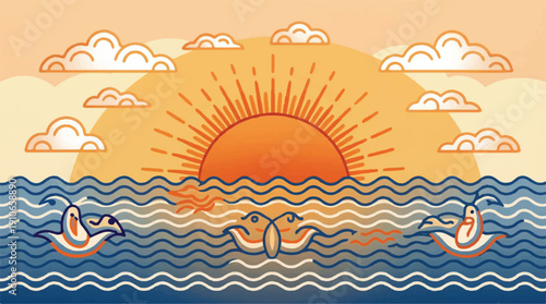 seagulls swimming in ocean waves under sunny sky with clouds