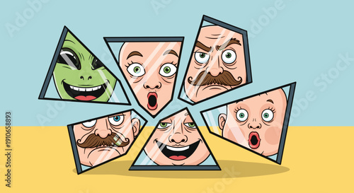 Fragmented faces reflecting diverse emotions and identities.