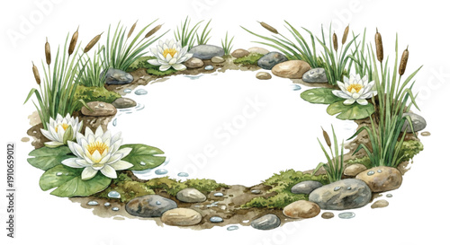 Watercolor illustration, circular wreath frame made of riverbank elements, white water lilies, green reeds, and smooth pebbles, calm natural aesthetic, isolated on white background, 