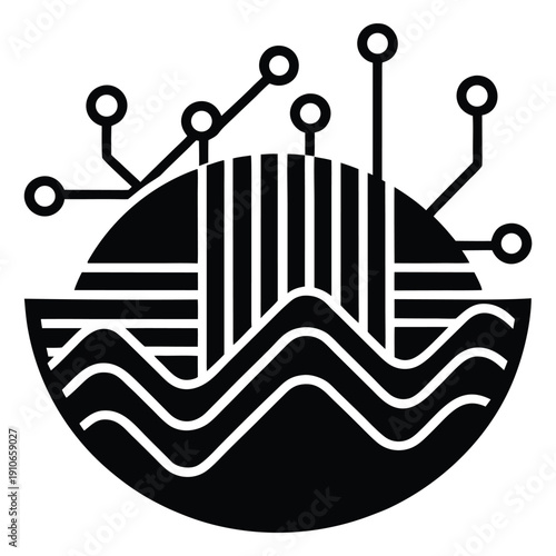 Abstract tech wave background with AI circuit lines and data analytics elements