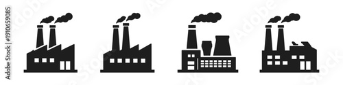Collection of industrial factory icons with smoke stacks emitting pollution