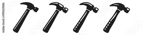 Collection of four black silhouette claw hammers on a white background