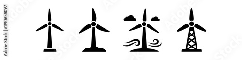 Collection of four black wind turbine icons with different designs and settings