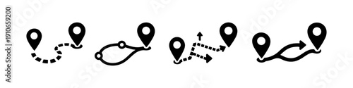 Collection of stylized map route icons showing different paths and destinations