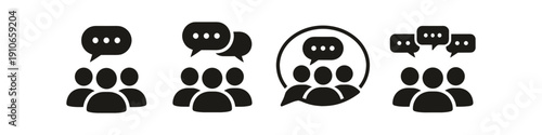 Group of people icons with speech bubbles representing communication and discussion