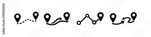 Collection of map pin icons representing different routes and destinations on a white background