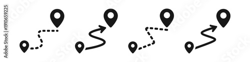 Set of map route icons with location pins and dotted or solid lines