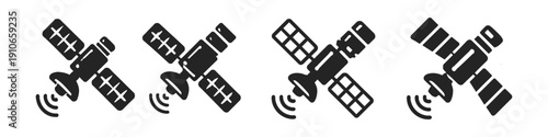 Set of four black satellite icons with solar panels and signal waves