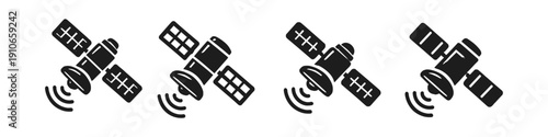 Set of four black satellite icons with solar panels and signal waves on a white background