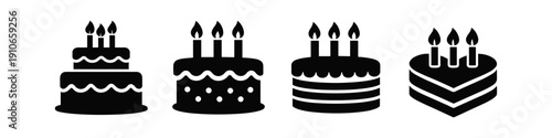 Collection of four black silhouette birthday cakes with lit candles