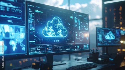 Digital Cloud in Office: A futuristic office scene showcases high-tech computer screens displaying cloud computing visuals and data analytics.