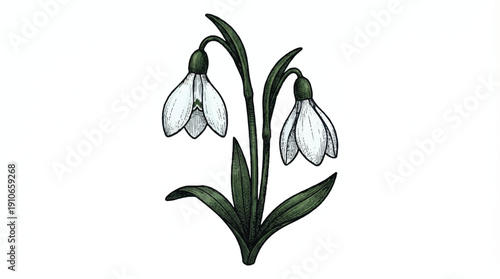 Snowdrops flowers with green leaves and white petals