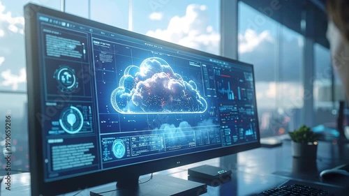 Cloud Technology Interface: An individual intently observes a sleek computer screen displaying a luminous cloud graphic, surrounded by data visualizations.