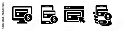 Online payment icons showing credit card transactions on various devices