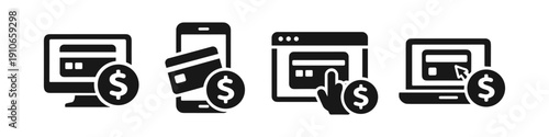 Online payment icons showing credit card transactions on various devices with dollar coins