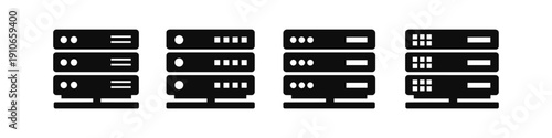 Row of black server racks with different indicator lights and buttons