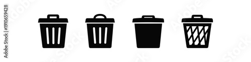 Collection of four different black trash can icons on a white background