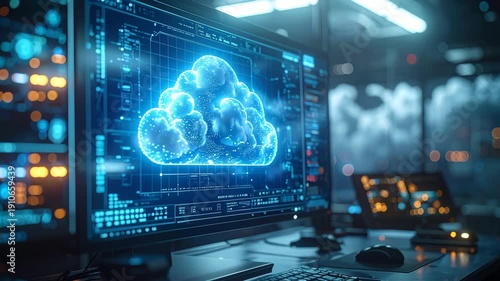 Digital Cloud Interface: A futuristic digital interface, showcasing a luminous cloud symbol within a sleek, high-tech workspace. Immerse yourself in the world of technological innovation.