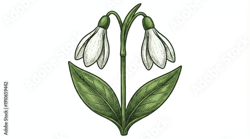 snowdrops flowers with green leaves isolated on transparent background