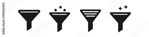 Set of four funnel icons representing different stages of filtering and data processing