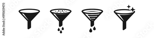 Set of four funnel icons illustrating different stages of filtering and purification processes